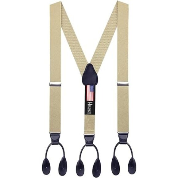 Hold’Em 1 3/8” Twill Elastic Suspenders for Men Leather Trimmed Button - Tan - Picture 1 of 7